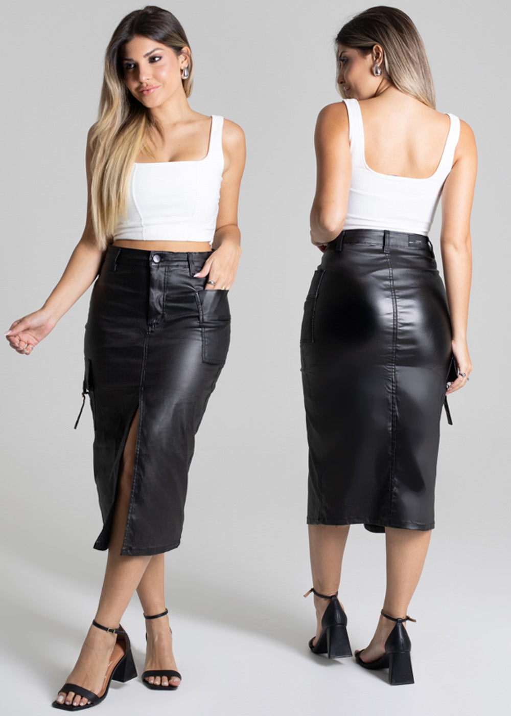 Saia Midi Resinada Sawary - 277126 PRETO