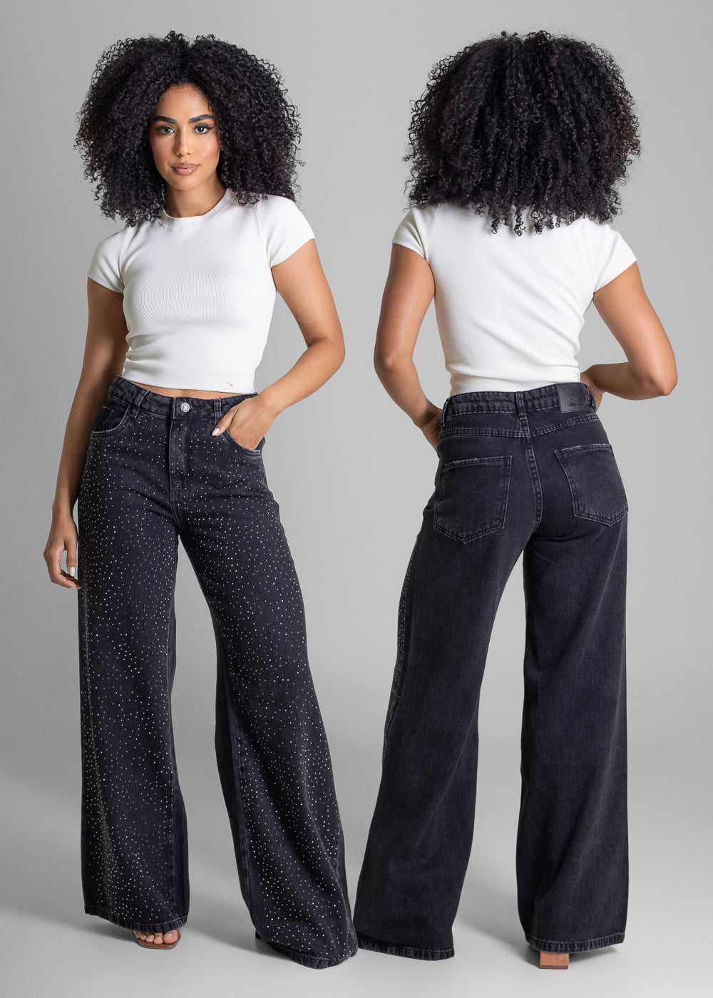 Calça Jeans Sawary Wide Leg Brilho - 282963 PRETO