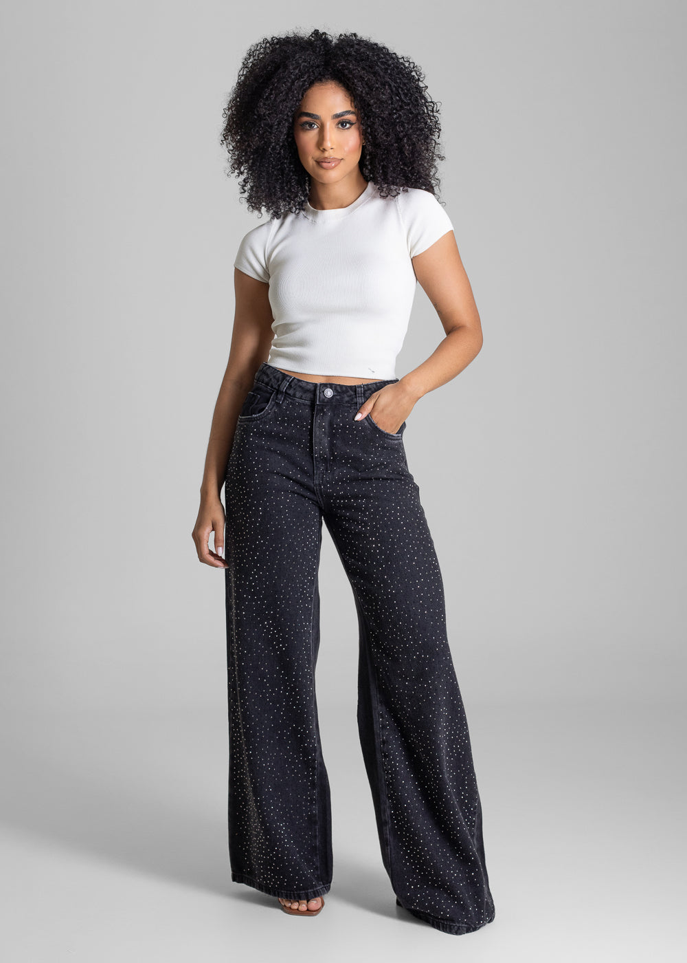Calça Jeans Sawary Wide Leg Brilho - 282963 PRETO