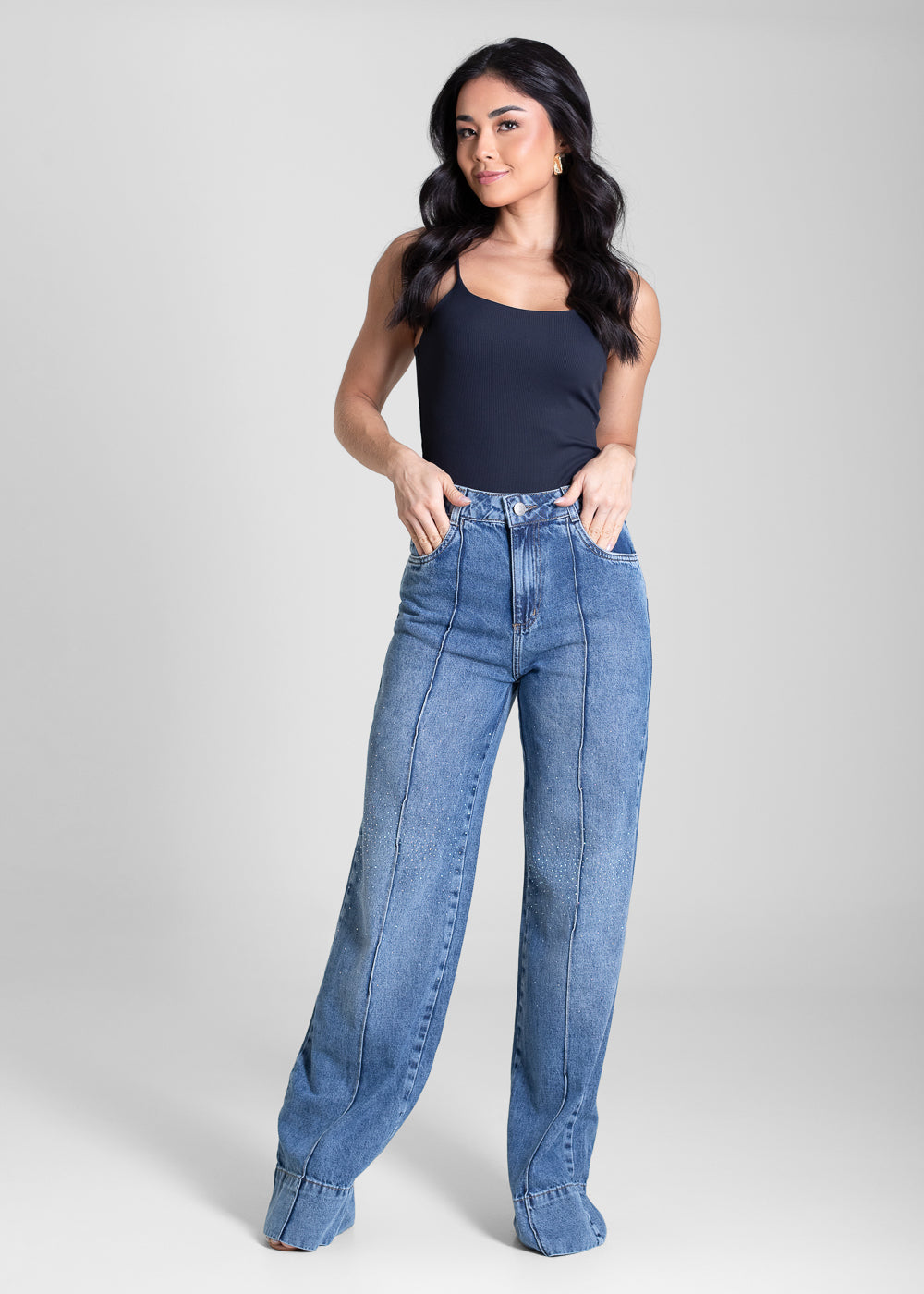 Calça Jeans Sawary Wide Leg Brilho - 282964 AZUL