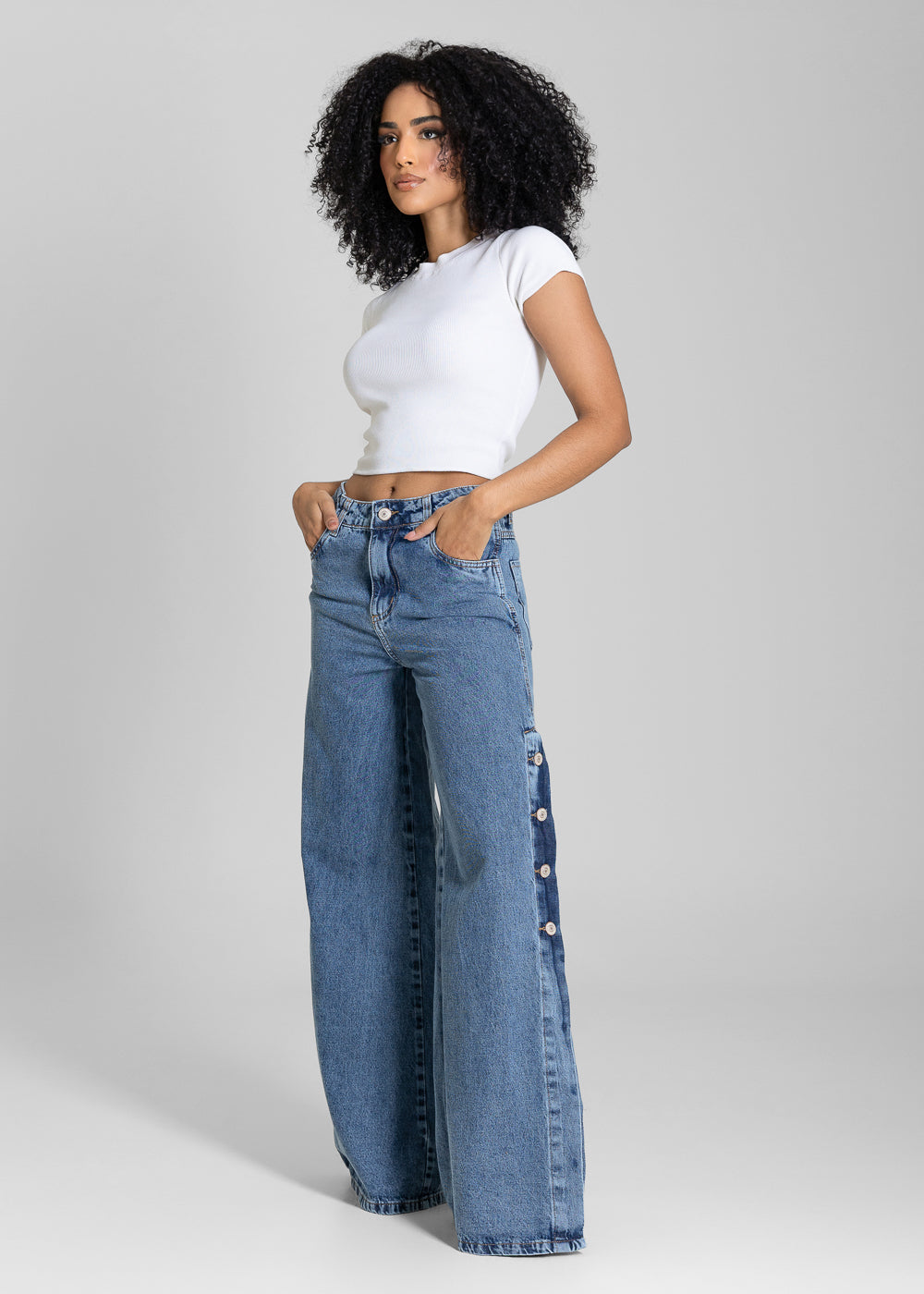Calça Jeans Sawary Super Wide Leg Botões Laterais - 283026 AZUL