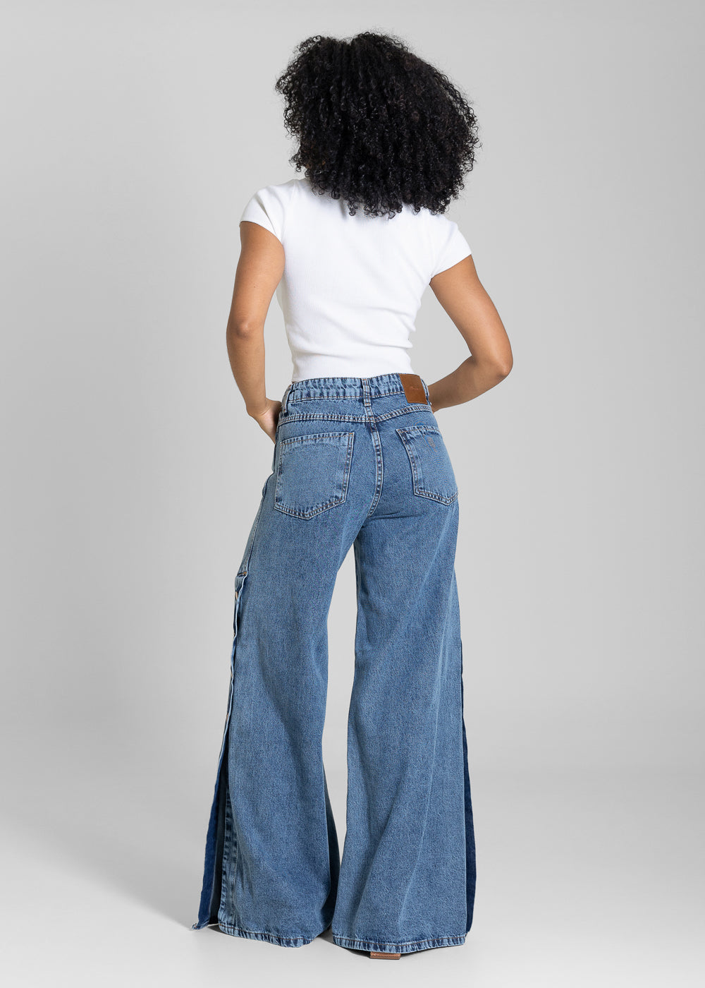 Calça Jeans Sawary Super Wide Leg Botões Laterais - 283026 AZUL