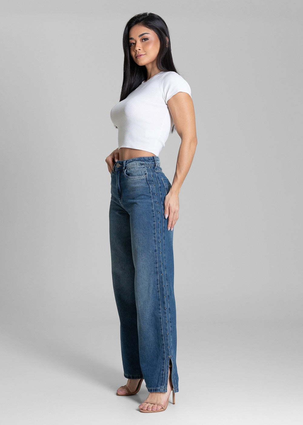 Calça Jeans Sawary Wide Leg Tachas - 283177 AZUL