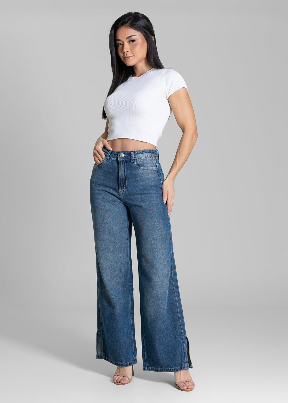 Calça Jeans Sawary Wide Leg Tachas - 283177 AZUL