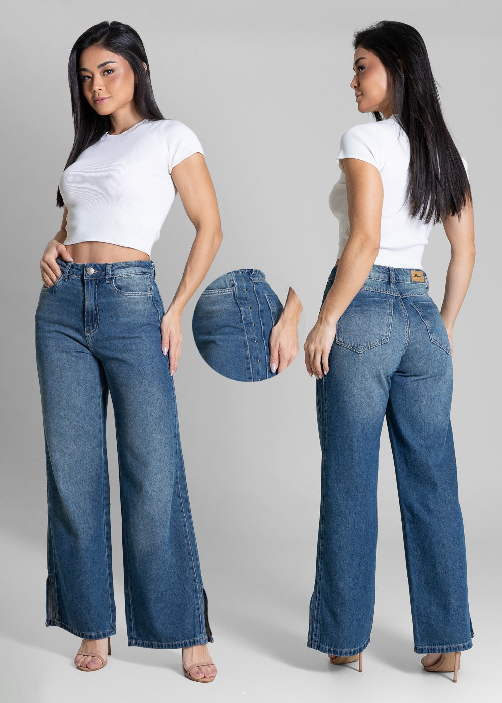 Calça Jeans Sawary Wide Leg Tachas - 283177 AZUL