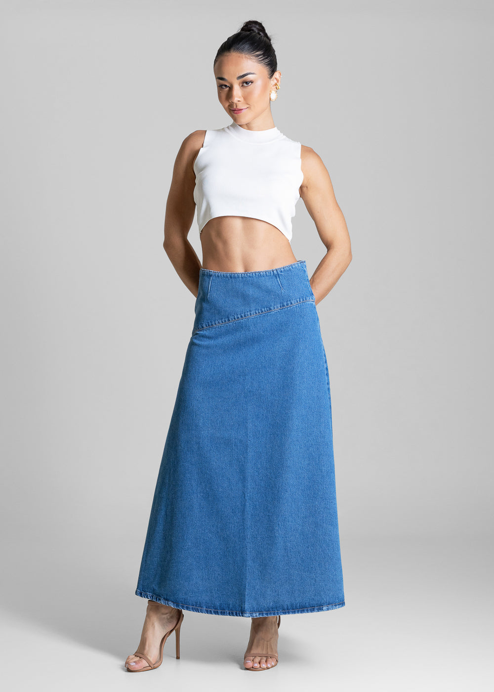 Saia Jeans Sawary Longa Recortes - 283263 AZUL
