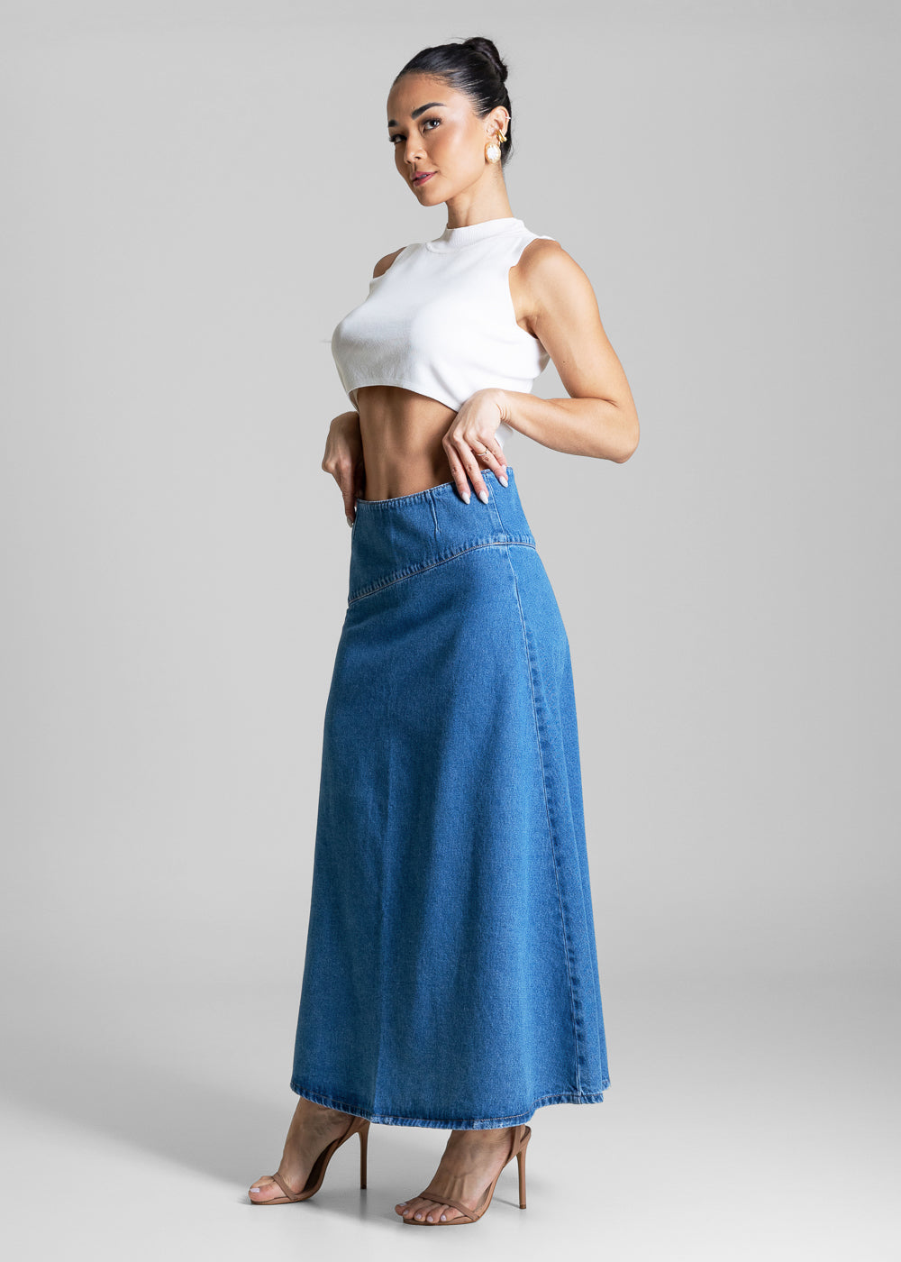 Saia Jeans Sawary Longa Recortes - 283263 AZUL