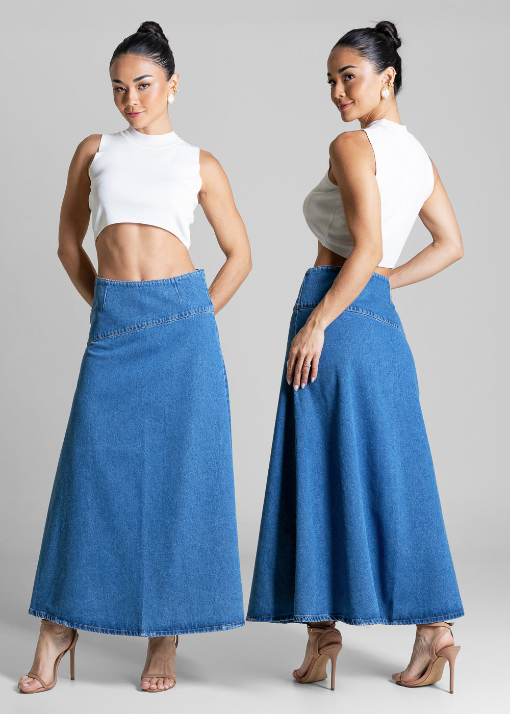 Saia Jeans Sawary Longa Recortes - 283263 AZUL