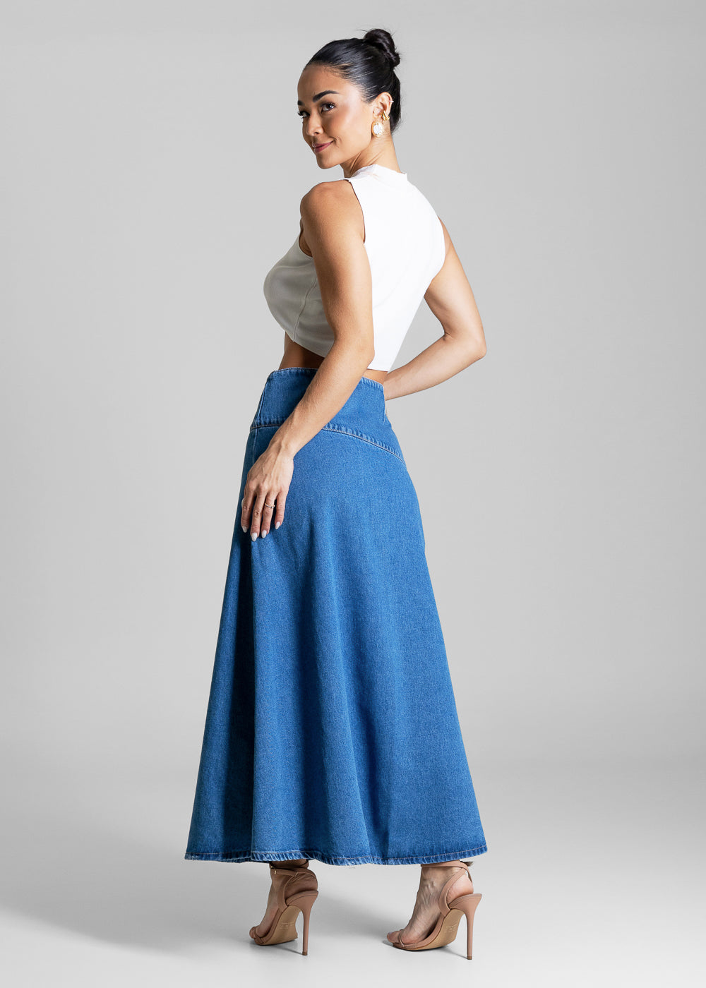 Saia Jeans Sawary Longa Recortes - 283263 AZUL