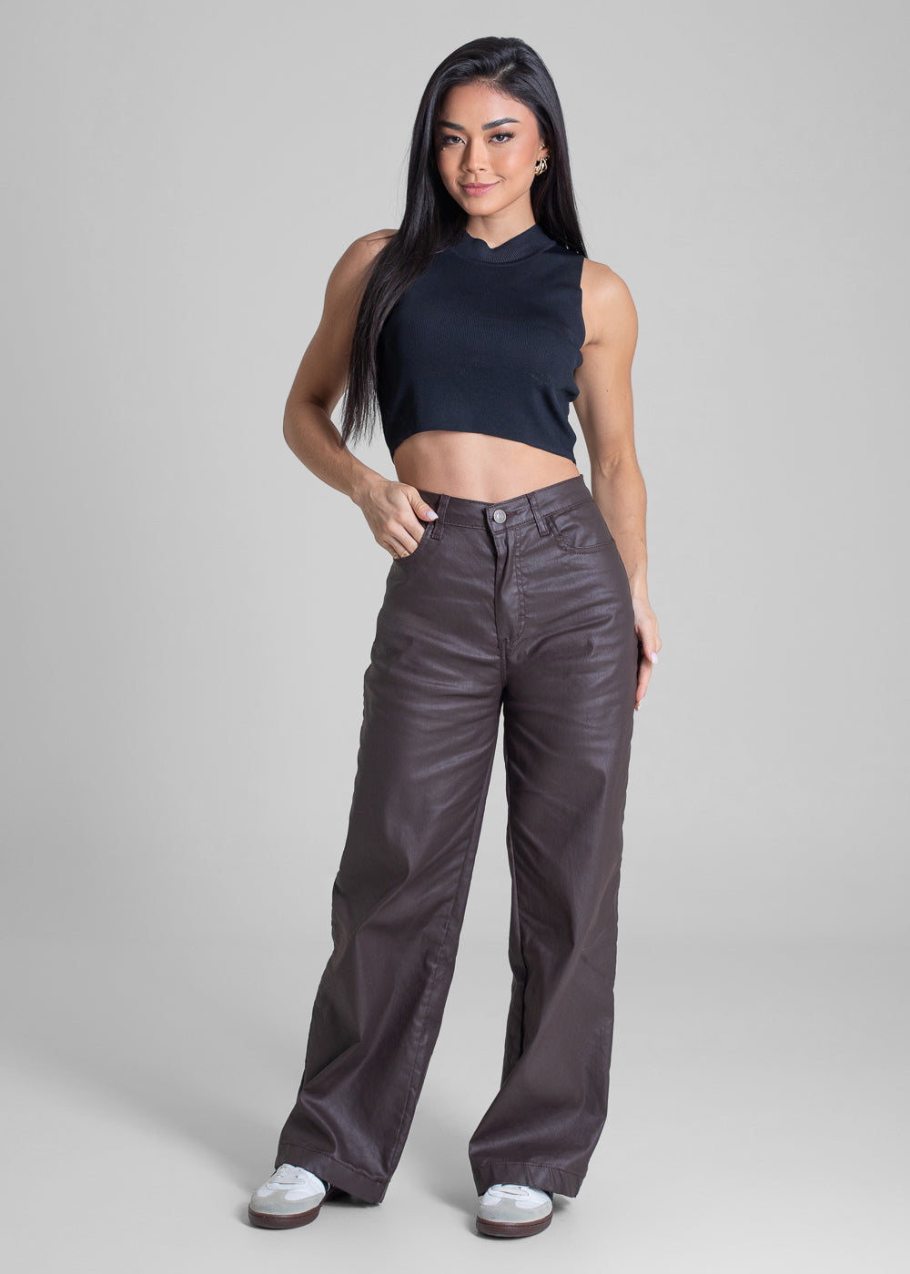 Calça Resinada Sawary Wide Leg Petit - 283294 MARROM