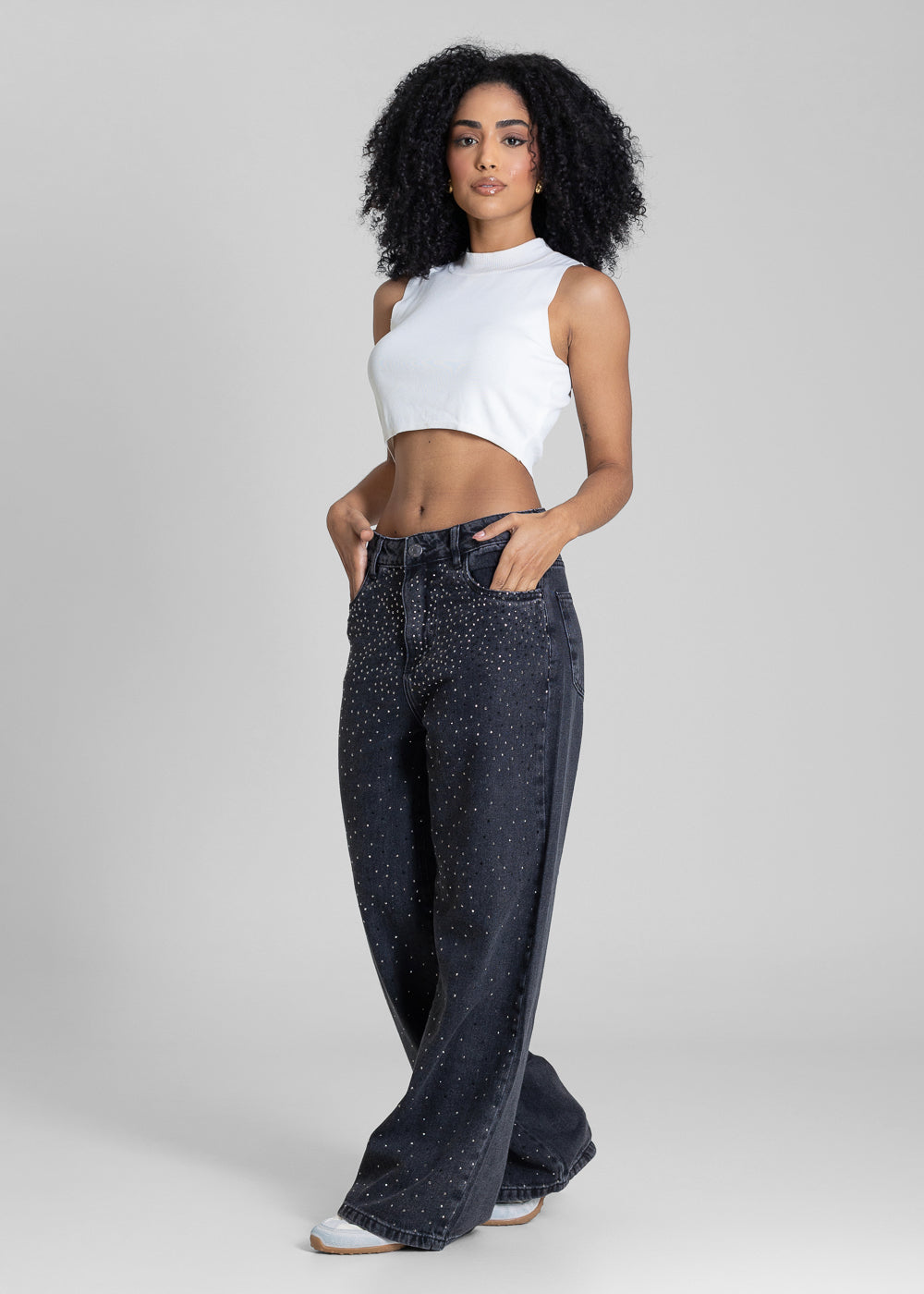 Calça Jeans Sawary Wide Leg Petit Brilho - 283313 PRETO