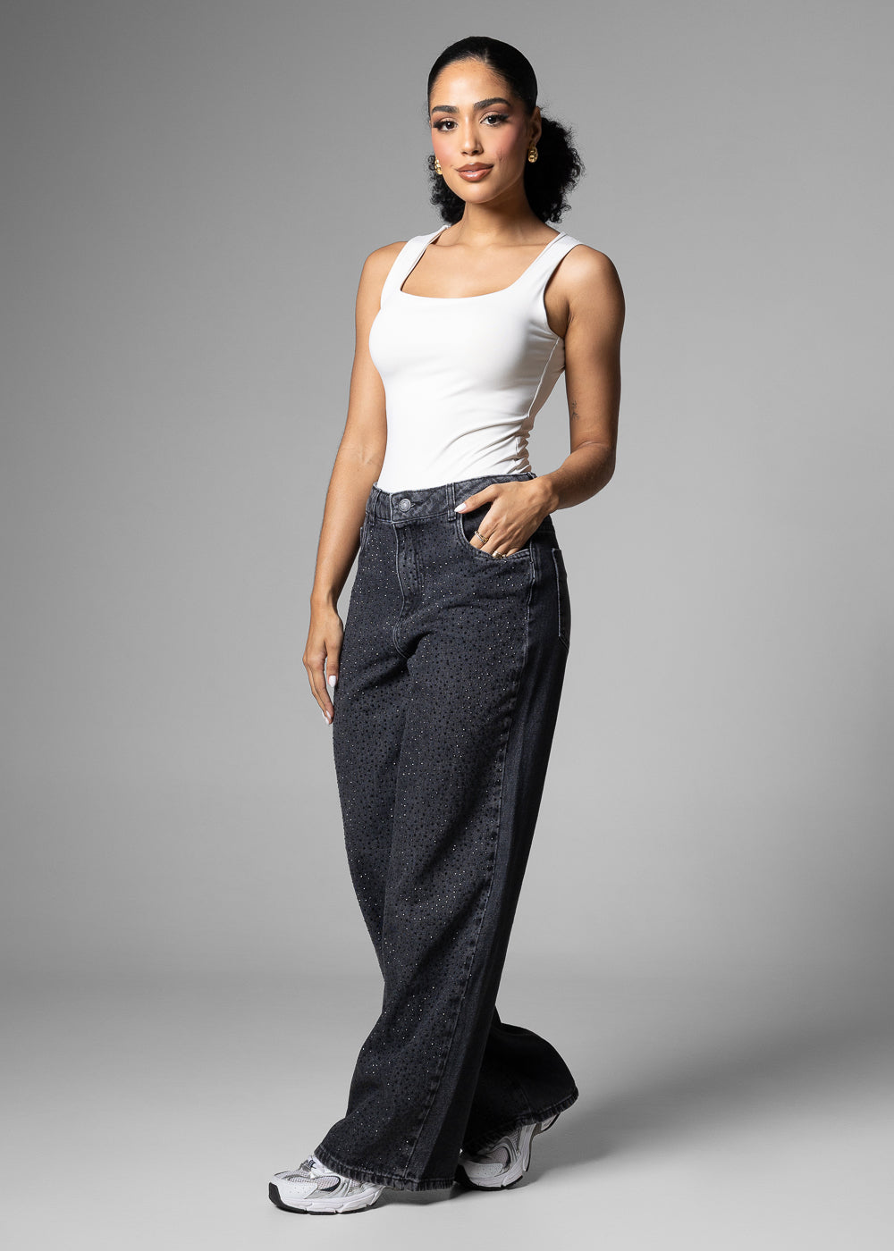 Calça Jeans Sawary Wide Leg Petit Brilho - 283339 PRETO