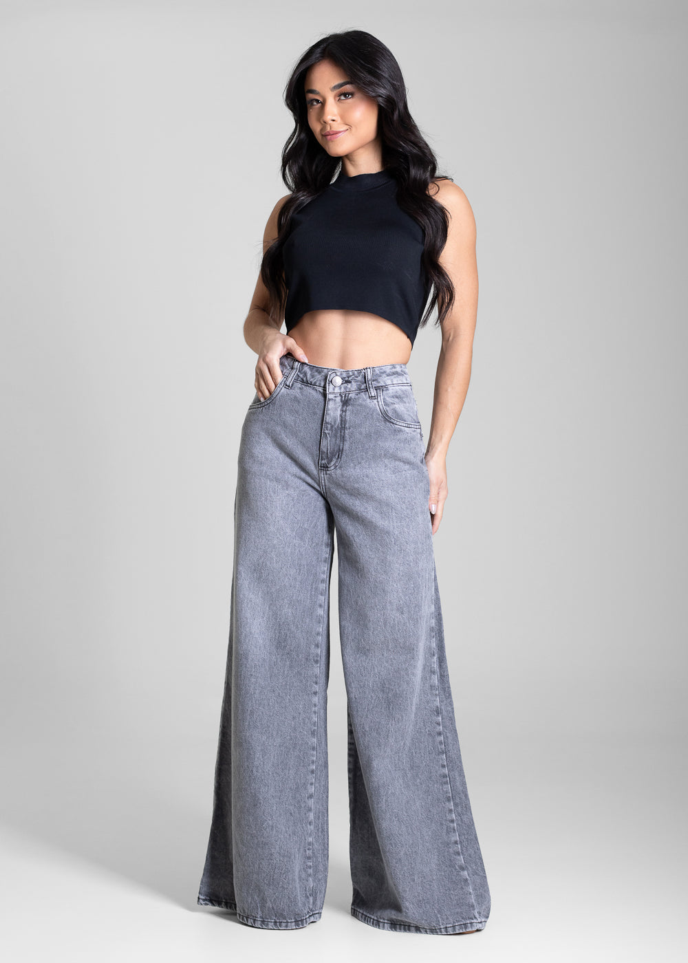Calça Jeans Sawary Super Wide Leg - 283557 CINZA