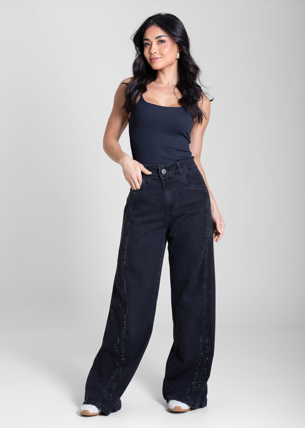 Calça Jeans Sawary Wide Leg Petit Brilho - 283571 PRETO