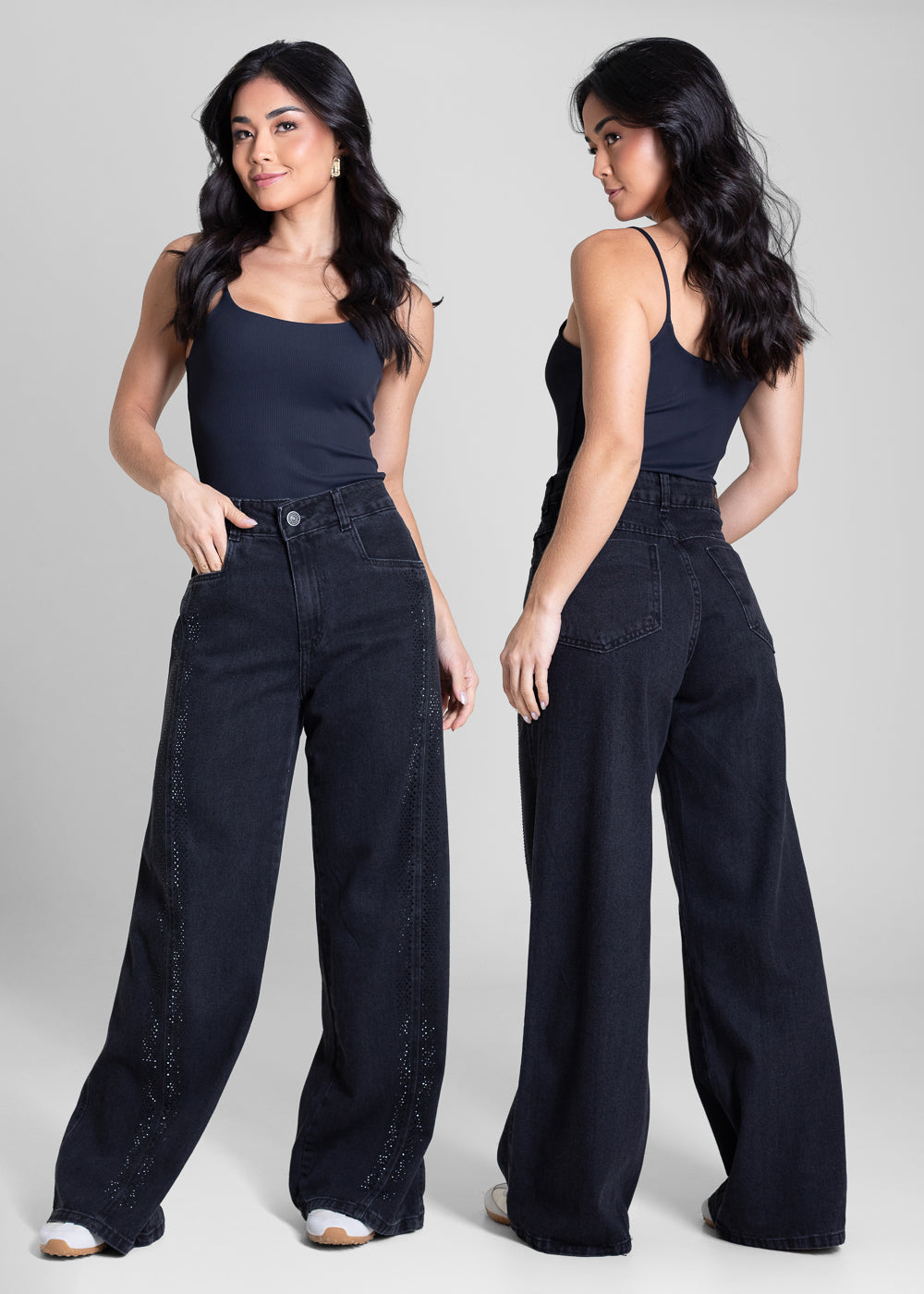 Calça Jeans Sawary Wide Leg Petit Brilho - 283571 PRETO