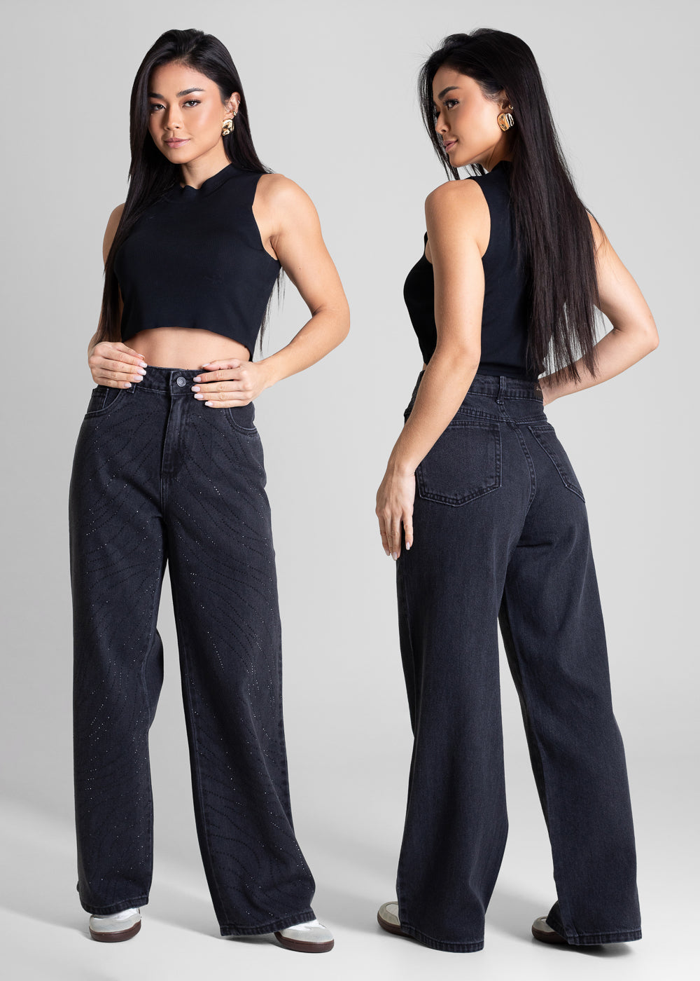 Calça Jeans Sawary Wide Leg Petit Brilho - 283573 PRETO