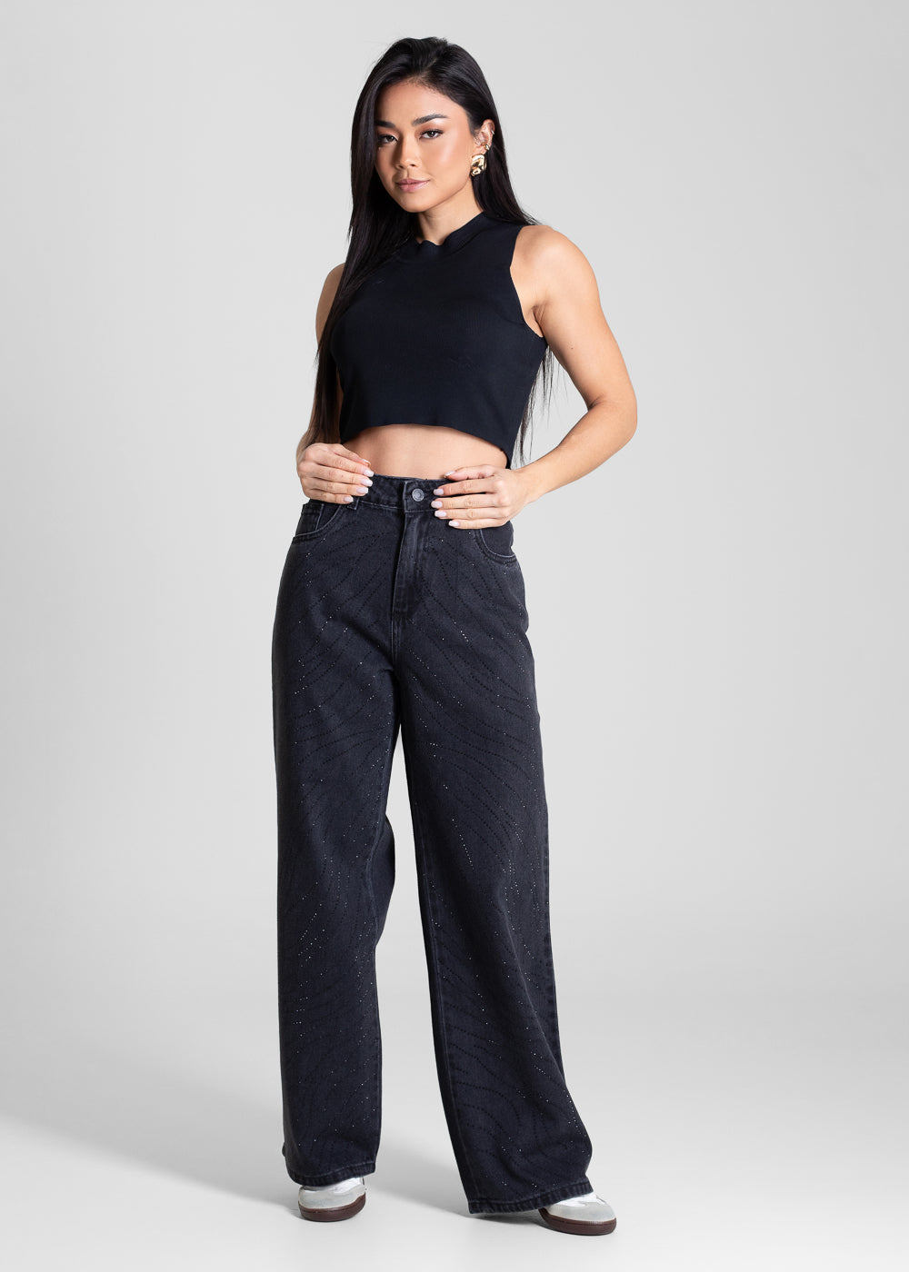 Calça Jeans Sawary Wide Leg Petit Brilho - 283573 PRETO