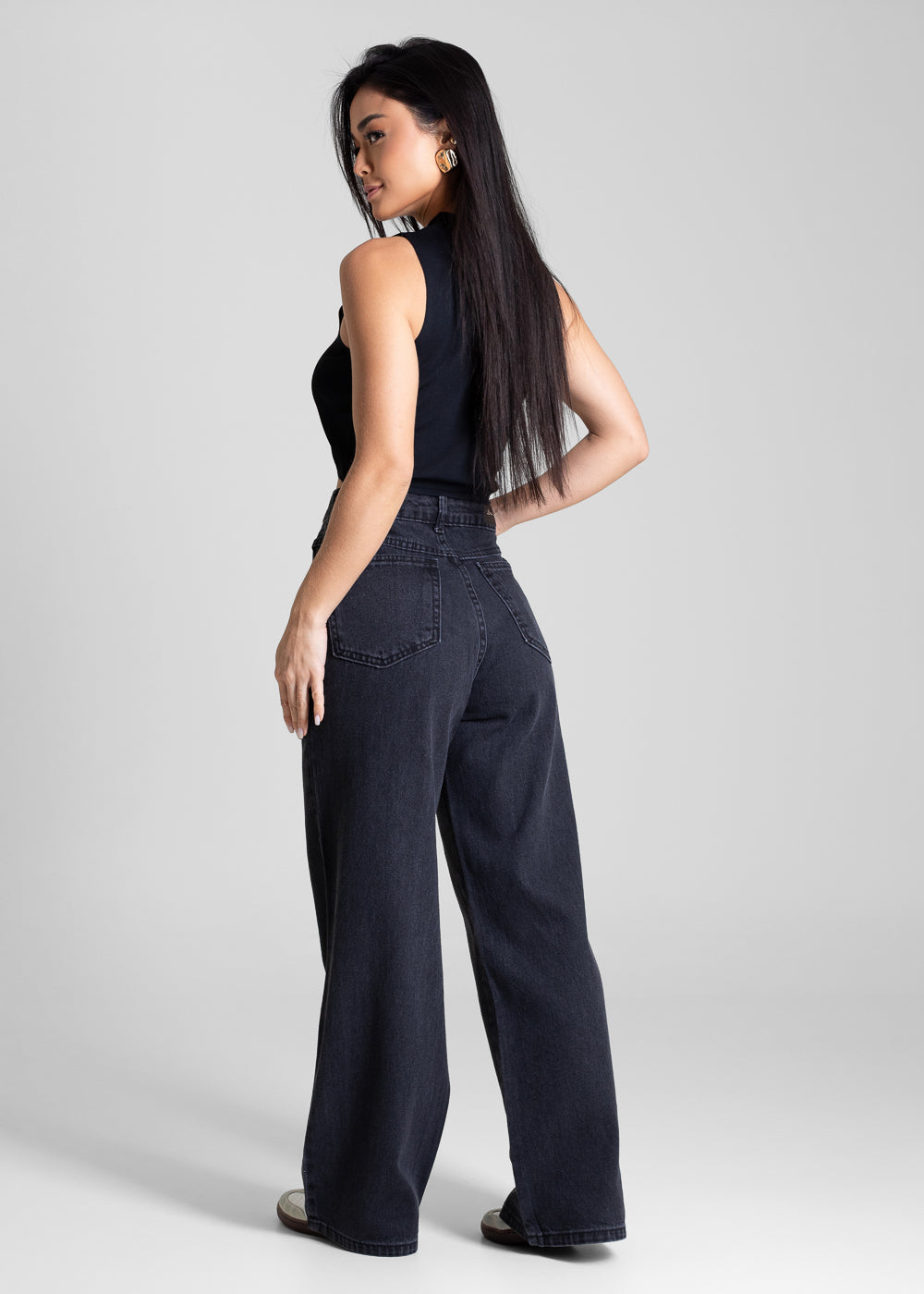 Calça Jeans Sawary Wide Leg Petit Brilho - 283573 PRETO