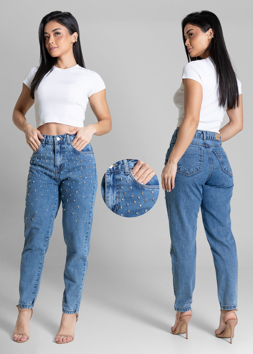 Calça Jeans Sawary Mom Brilho Bordado - 283584 AZUL