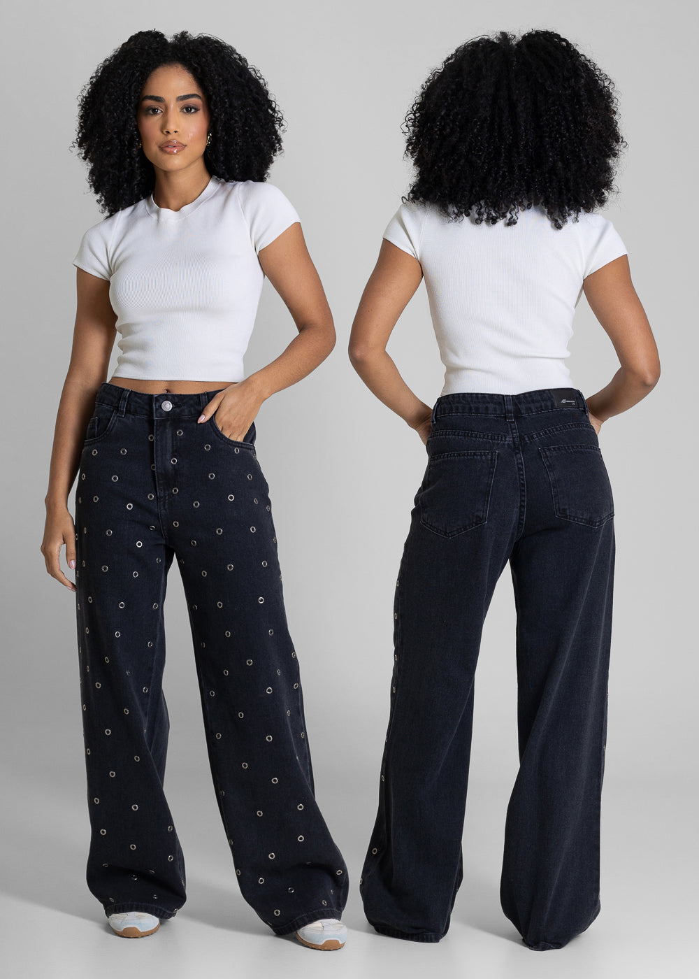 Calça Jeans Sawary Wide Leg Petit Ilhós - 283614 PRETO