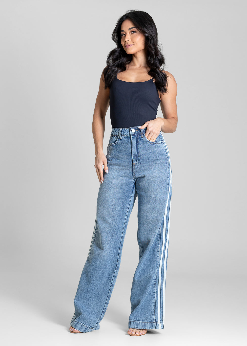 Calça Jeans Sawary Wide Leg Listras Laterais - 283780 AZUL