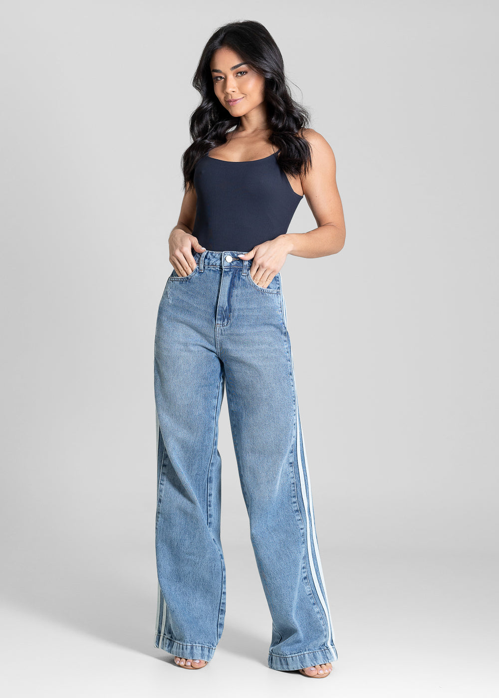 Calça Jeans Sawary Wide Leg Listras Laterais - 283780 AZUL