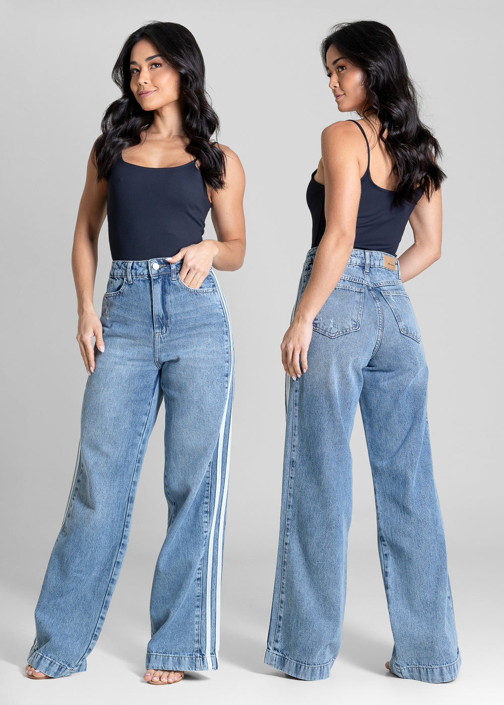 Calça Jeans Sawary Wide Leg Listras Laterais - 283780 AZUL