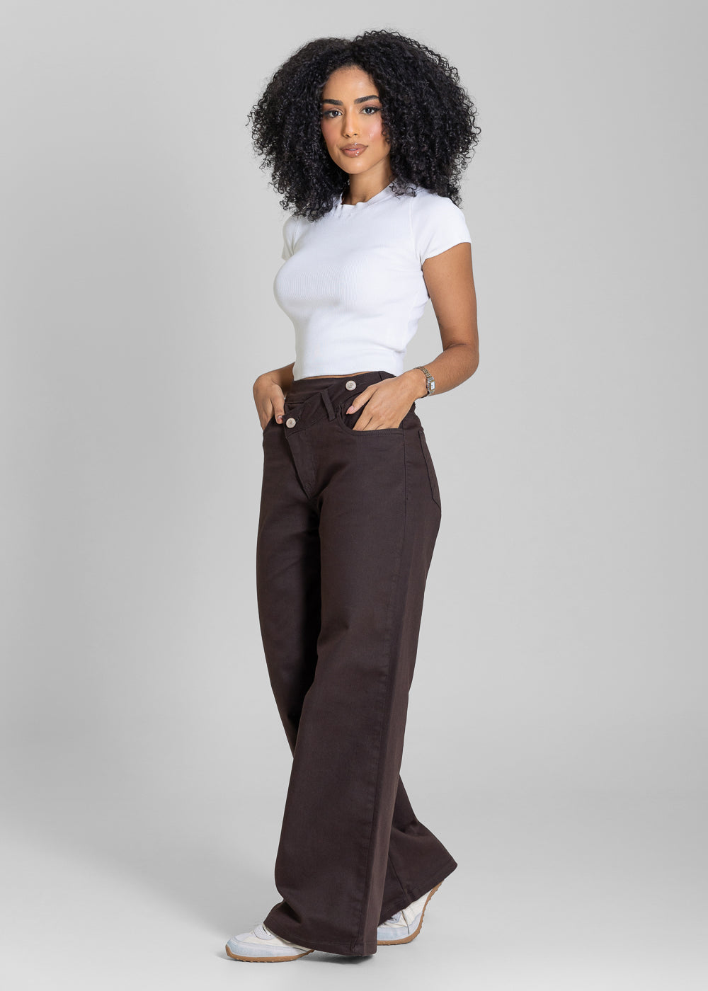Calça Sarja Sawary Wide Leg Petit t Cós Transpassado - 283878 MARROM