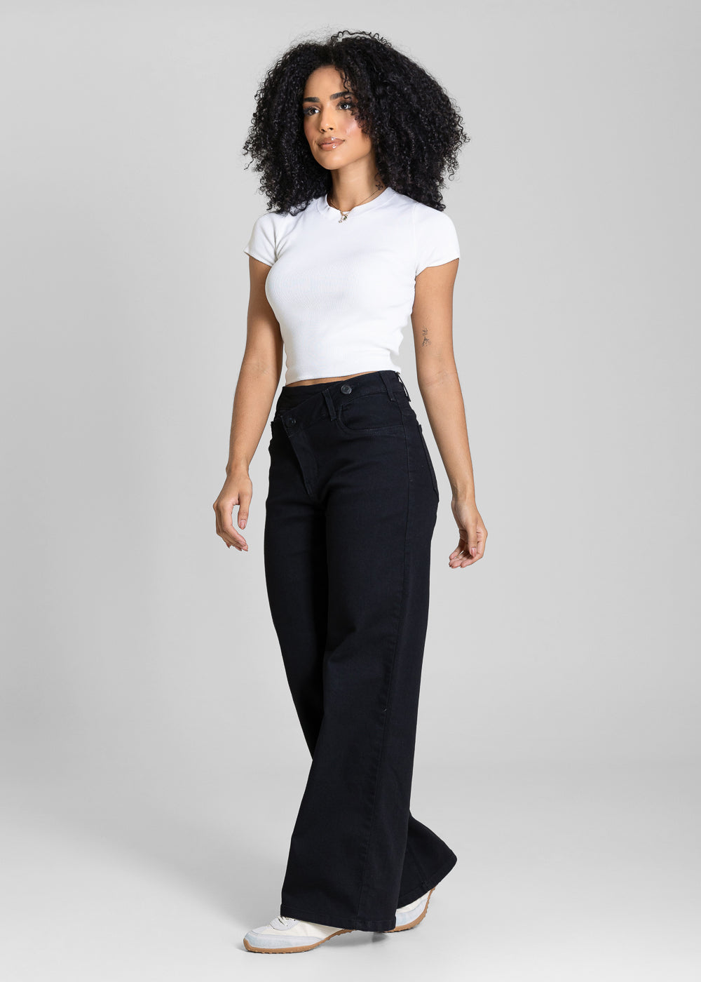 Calça Sarja Sawary Wide Leg Petit Cós Transpassado - 283879 PRETO