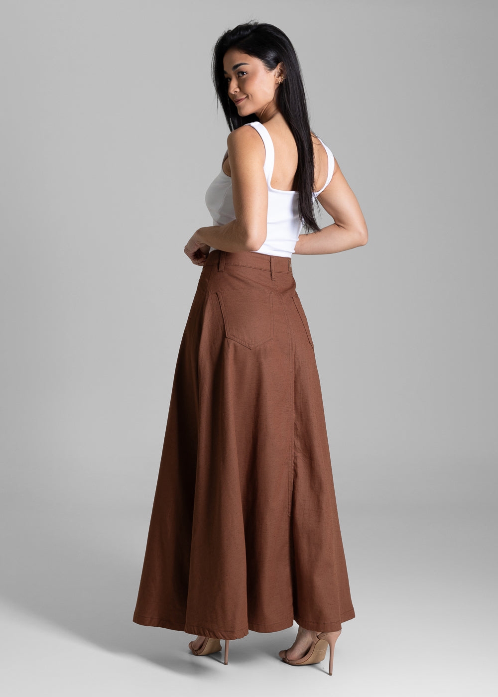 Saia Linho Sawary Longa - 284243 MARROM