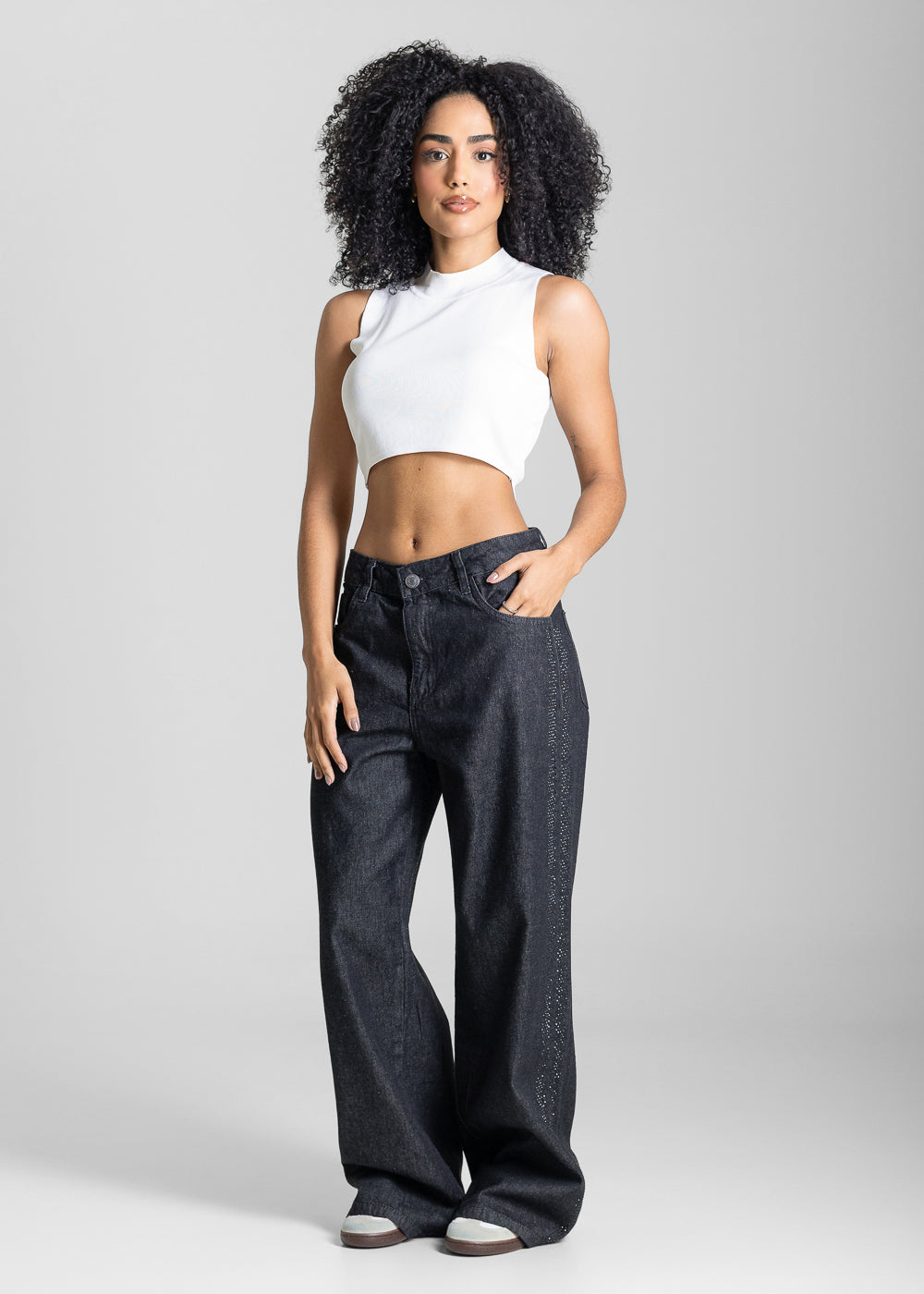 Calça Jeans Sawary Wide Leg Petit Brilho - 284260 PRETO