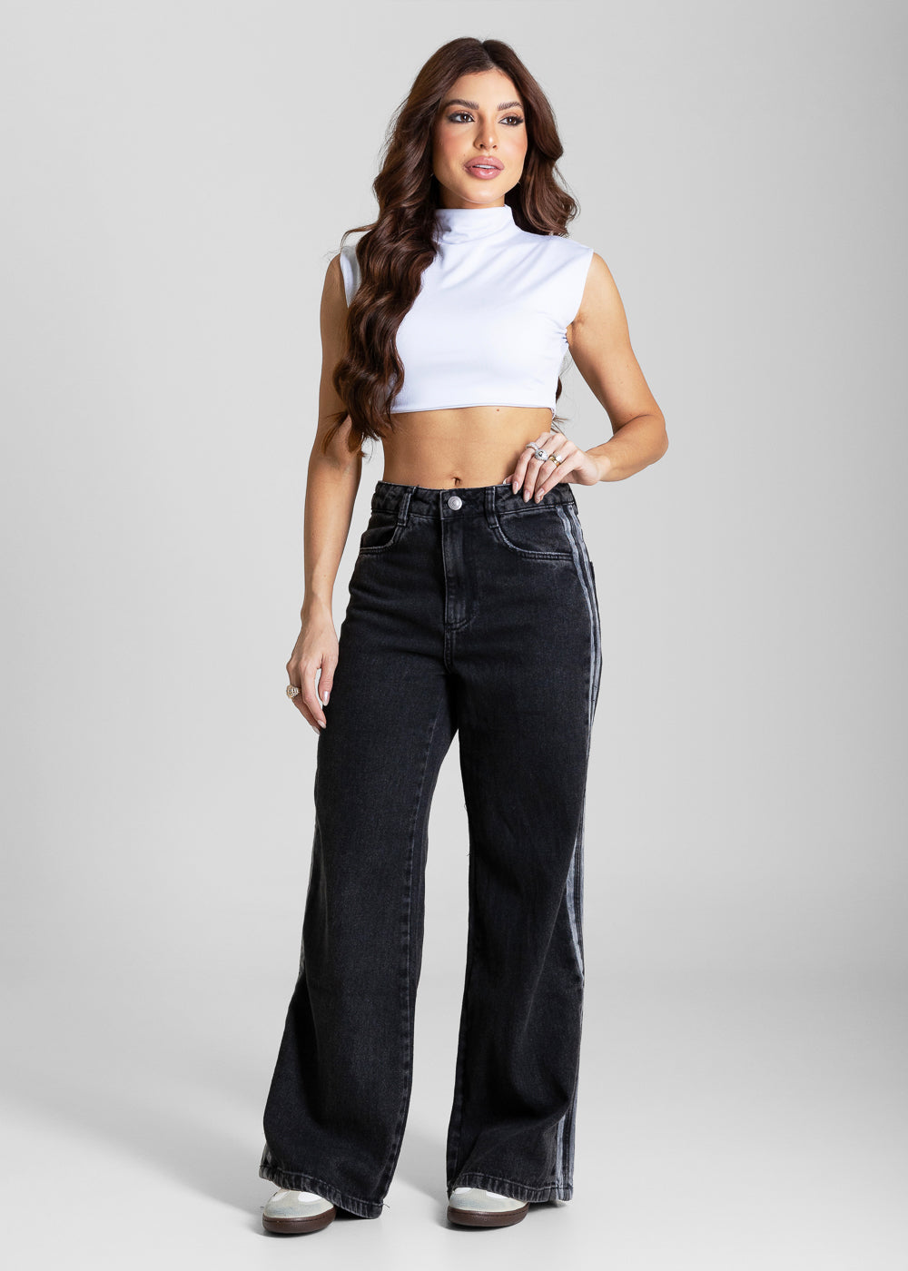 Calça Jeans Sawary Wide Leg Petit Listras - 284268 PRETO