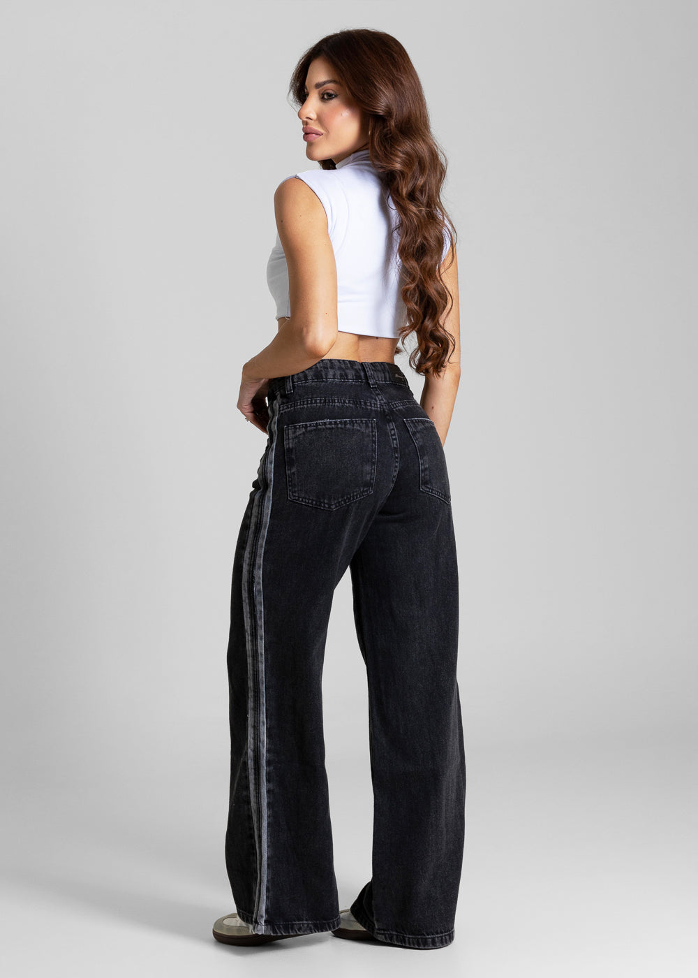 Calça Jeans Sawary Wide Leg Petit Listras - 284268 PRETO