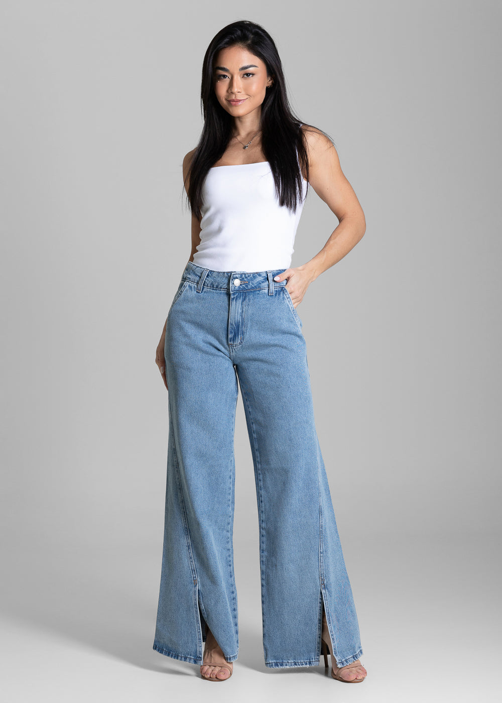 Calça Jeans Sawary Wide Leg Fenda Frontal - 284316 AZUL