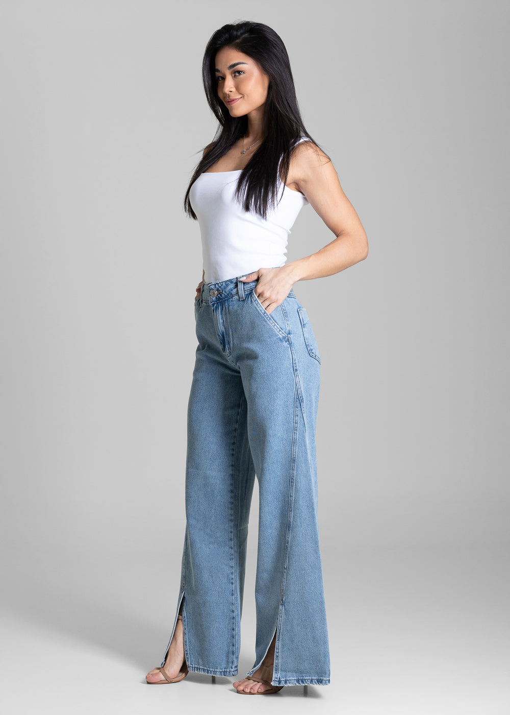 Calça Jeans Sawary Wide Leg Fenda Frontal - 284316 AZUL