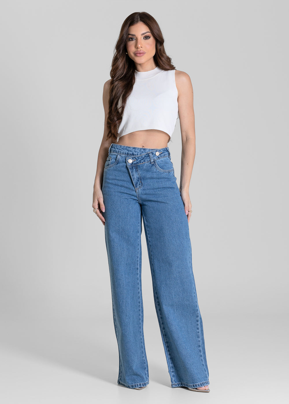 Calça Jeans Sawary Wide Leg Cós Transpassado - 284487 AZUL